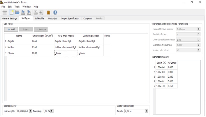 Finestra di STRATA con le impostazioni del modello sismostratigrafico.