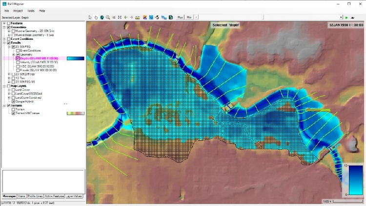 Esempio di applicazione mista 1D-2D del software HEC-RAS (fonte: sito web HEC-USACE ARMY).