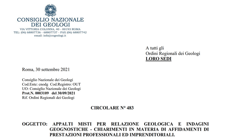 Circolare CNG - Appalti misti per relazione geologica e indagini geognostiche - chiarimenti