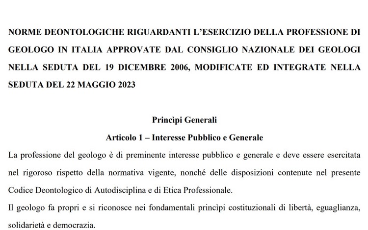 Consiglio Nazionale dei Geologi, trasmissione del nuovo Codice Deontologico