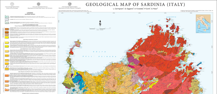 The geological map of Sardinia (Italy) at 1:250,000 scale