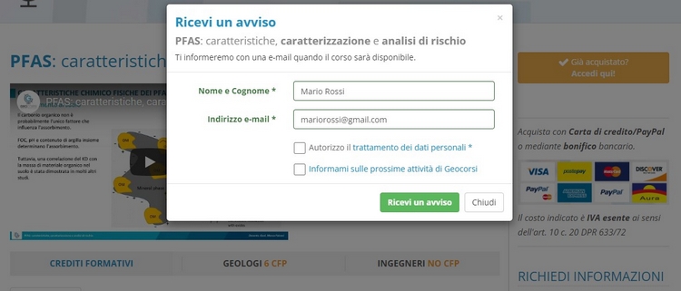 Geocorsi ricevi un avviso per i corsi in preparazione